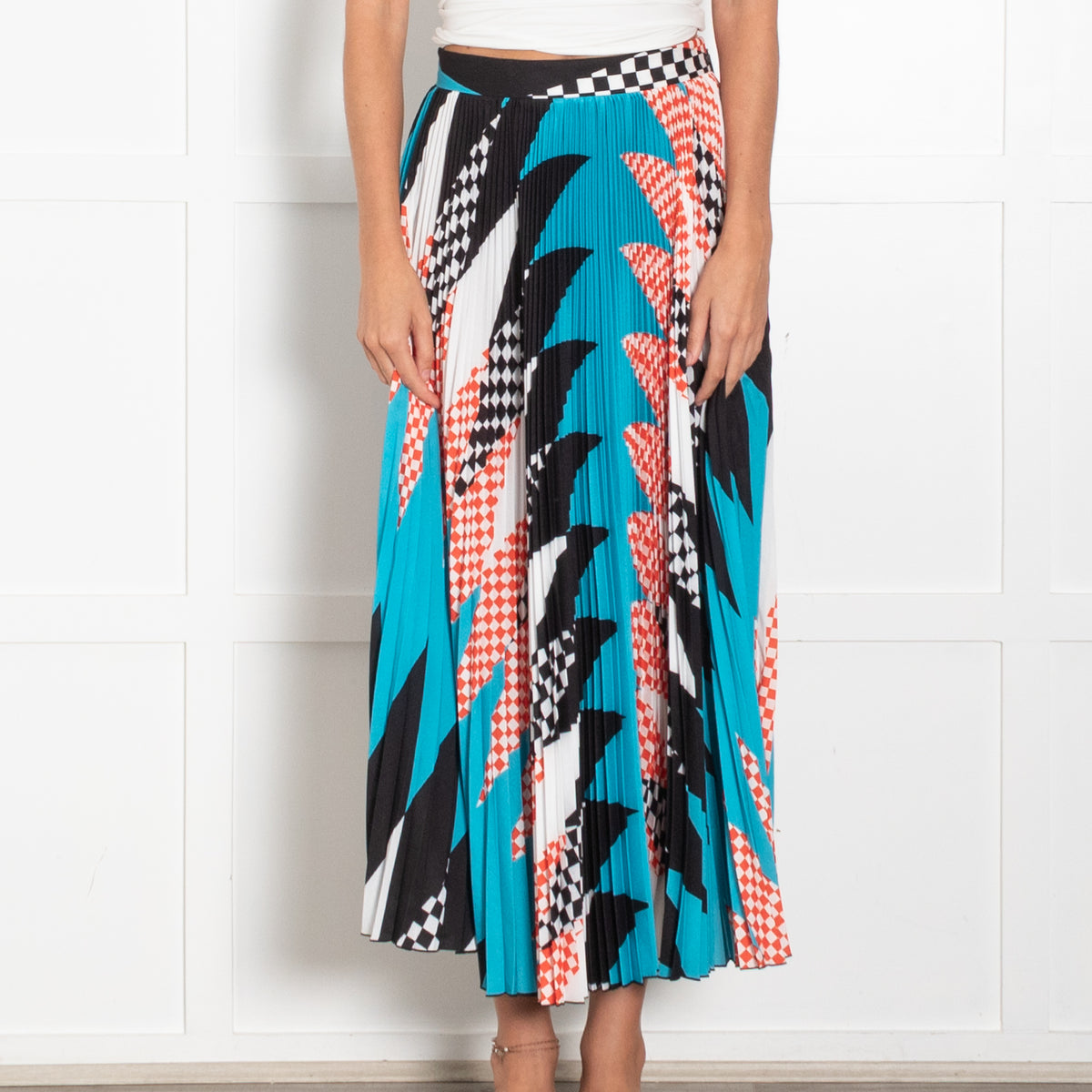 MSGM Black Turquoises Red Geometric Print Pleated Maxi Skirt