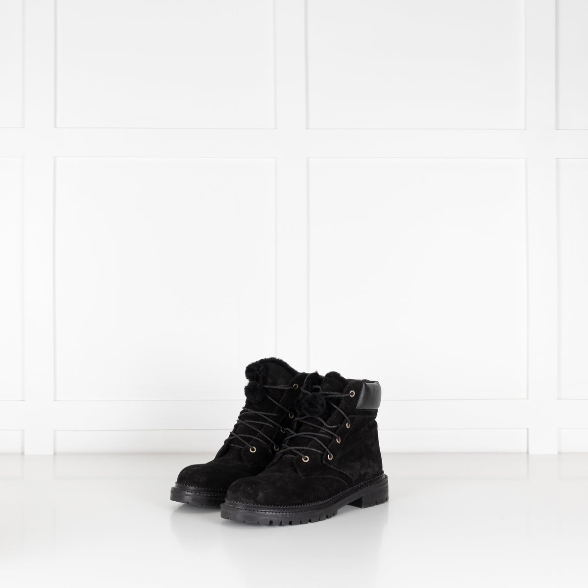 Jimmy Choo Black Suede Pom Pom Flat Boots with Shearling Lining