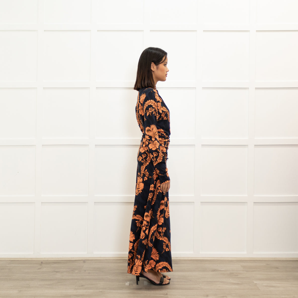 Me + Em Navy Blue Orange Floral Jersey Maxi Dress