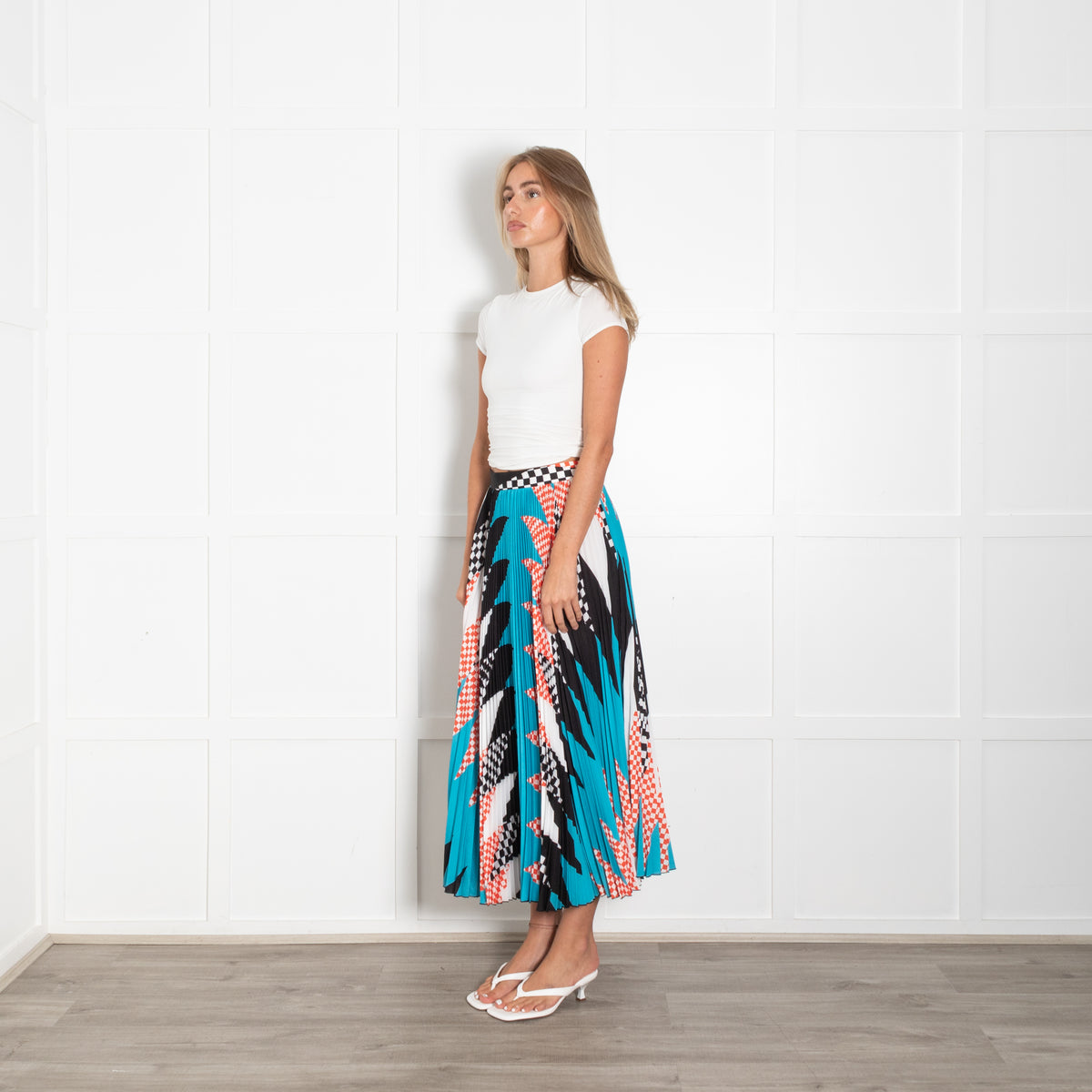 MSGM Black Turquoises Red Geometric Print Pleated Maxi Skirt