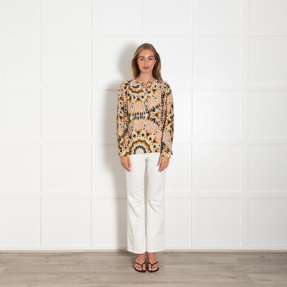 Ba&sh Mustard Tan Black Pink Patterned Long Sleeve Top