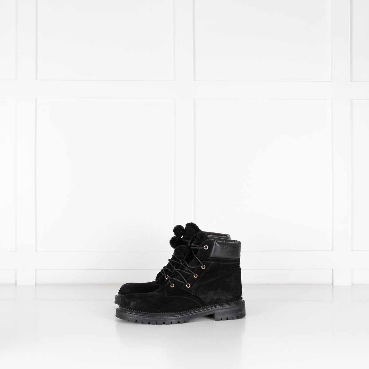 Jimmy Choo Black Suede Pom Pom Flat Boots with Shearling Lining