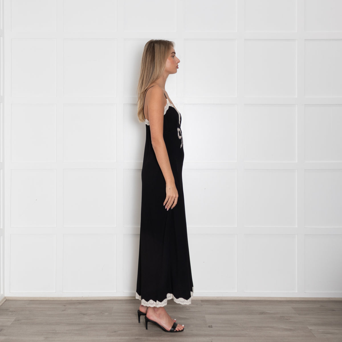 LoveShackFancy Black Cream Lace Trim Slip Dress