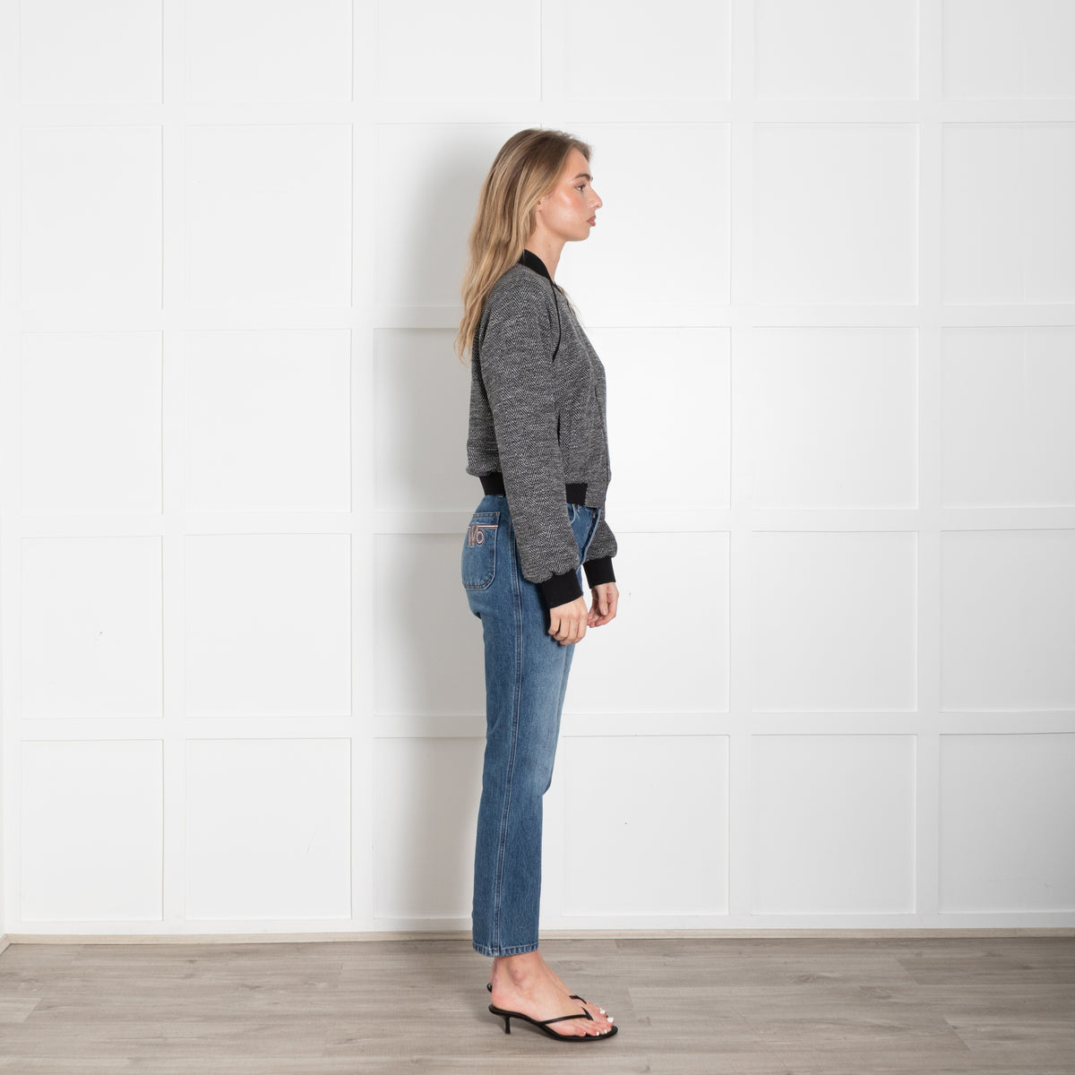 Me + Em Black & Grey Herringbone Jacquard Jersey Bomber