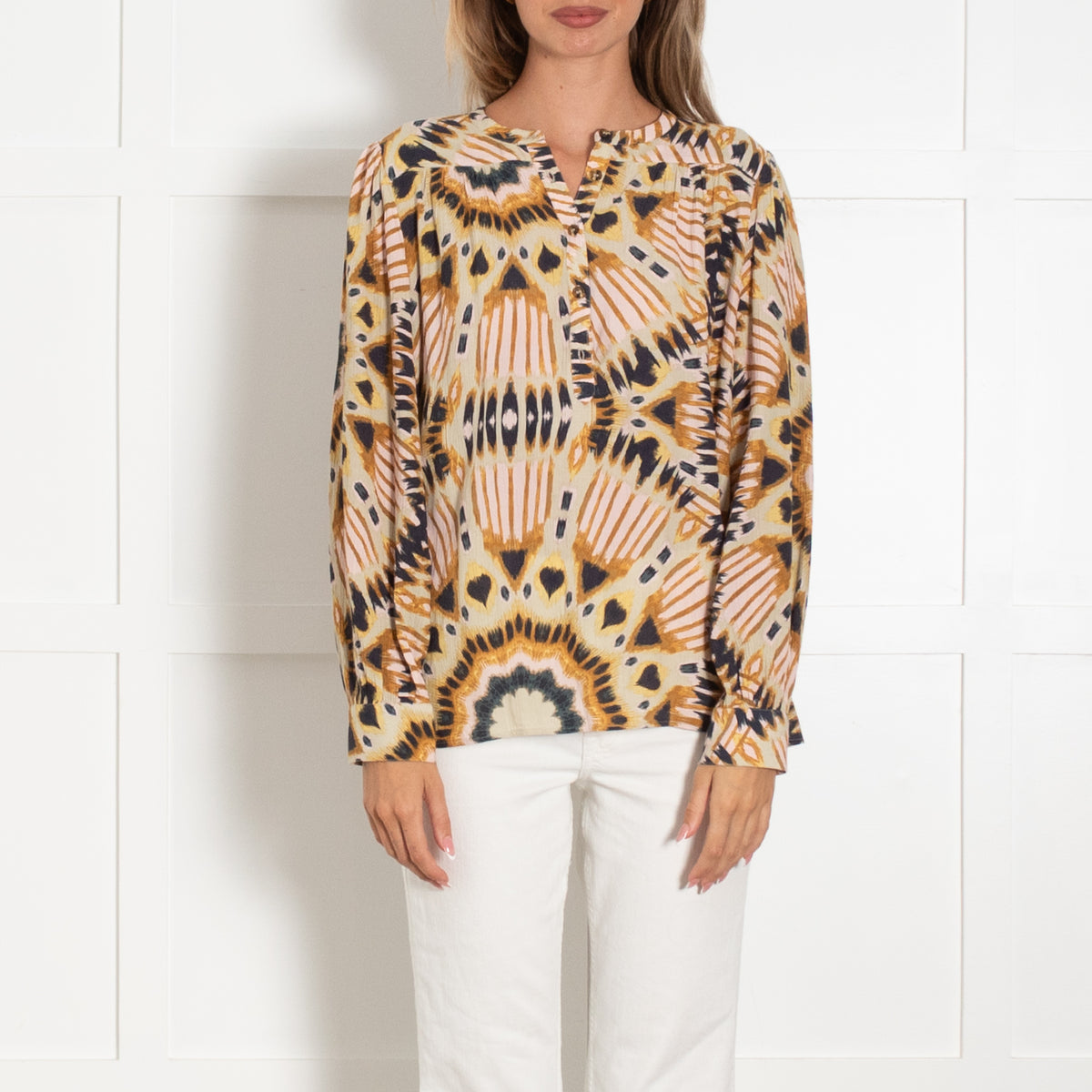 Ba&sh Mustard Tan Black Pink Patterned Long Sleeve Top