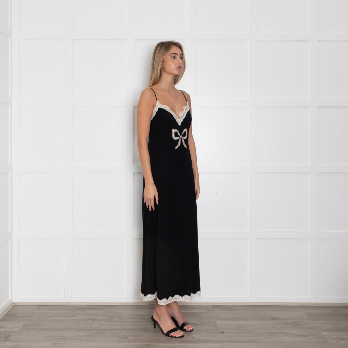 LoveShackFancy Black Cream Lace Trim Slip Dress