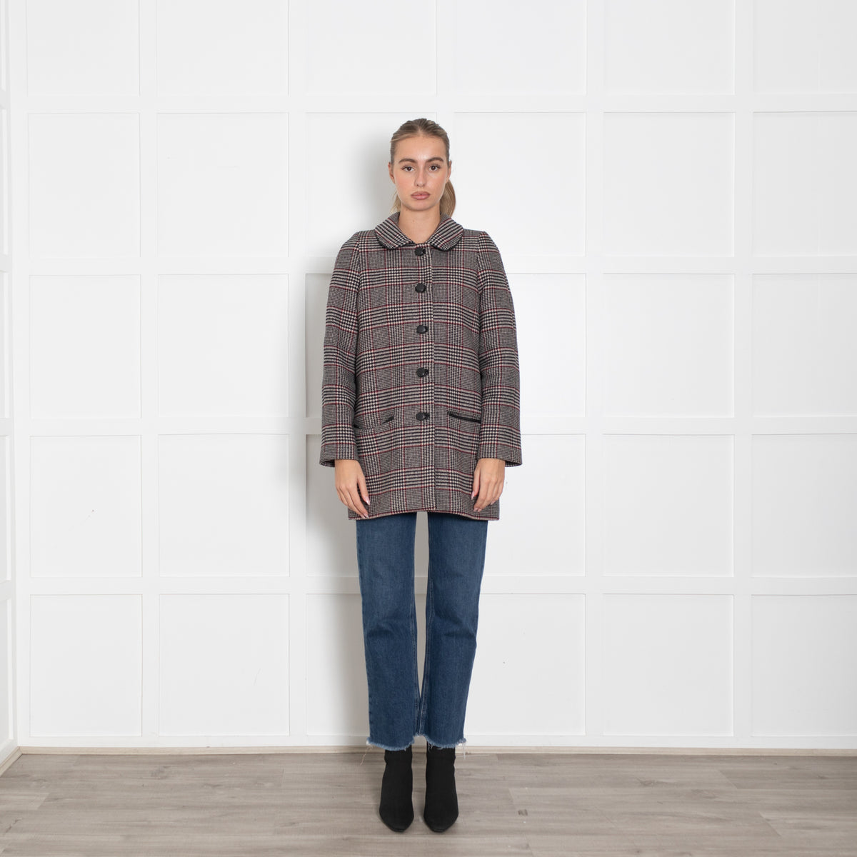 Sandro White Black Checked Short Coat