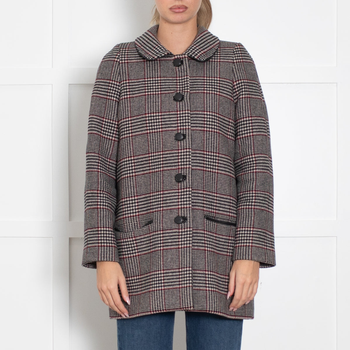 Sandro White Black Checked Short Coat