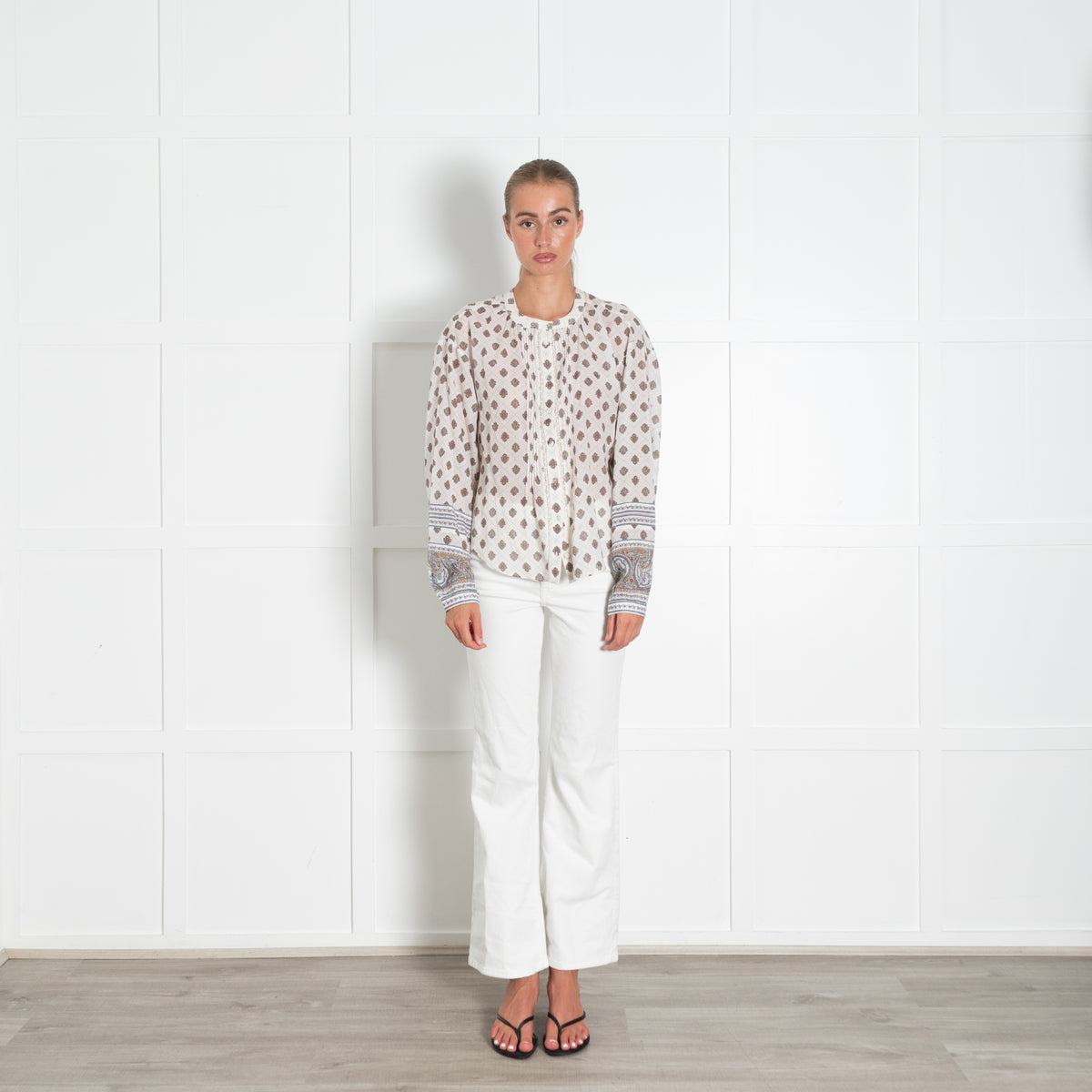 Veronica Beard Cream And Brown Print Cotton Top
