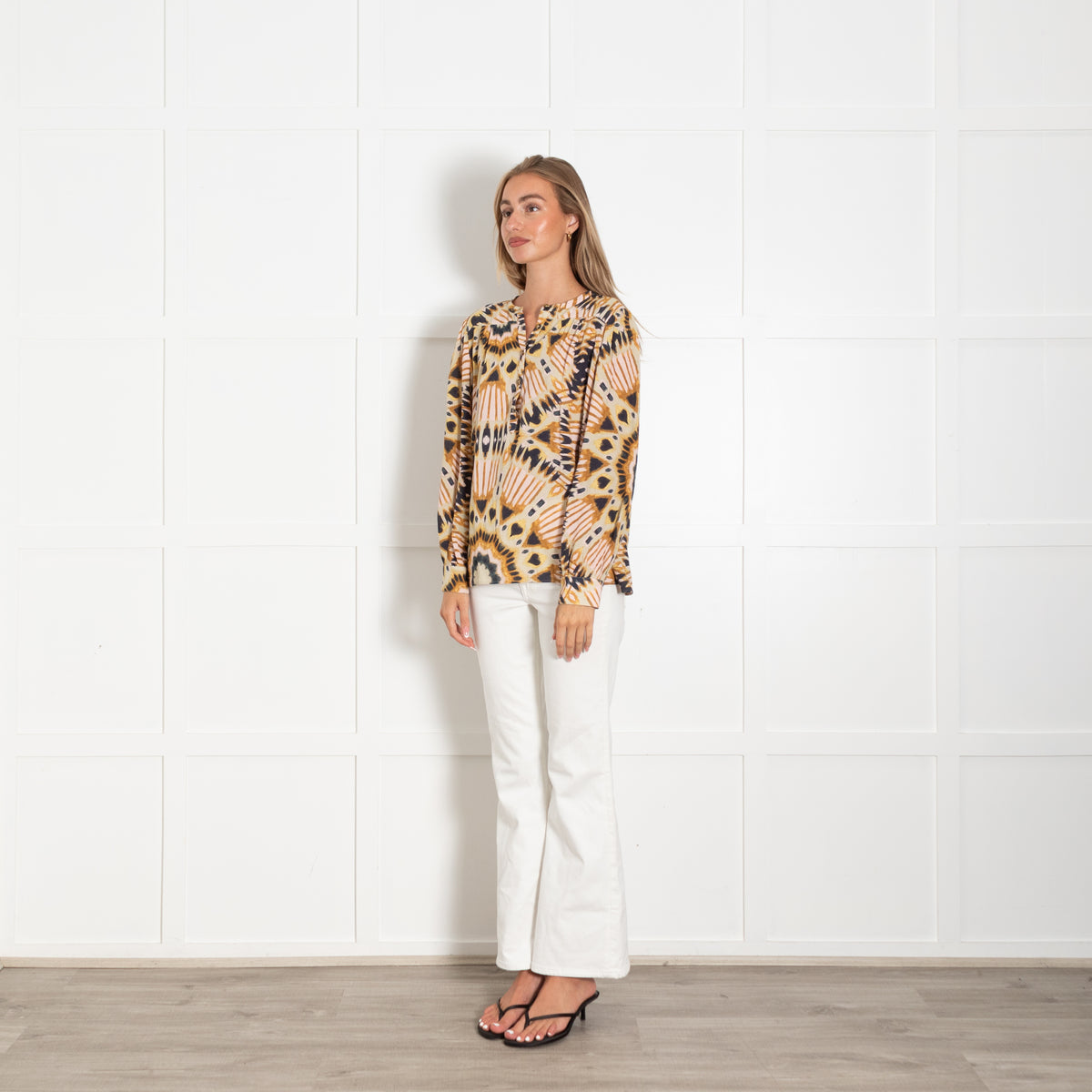 Ba&sh Mustard Tan Black Pink Patterned Long Sleeve Top