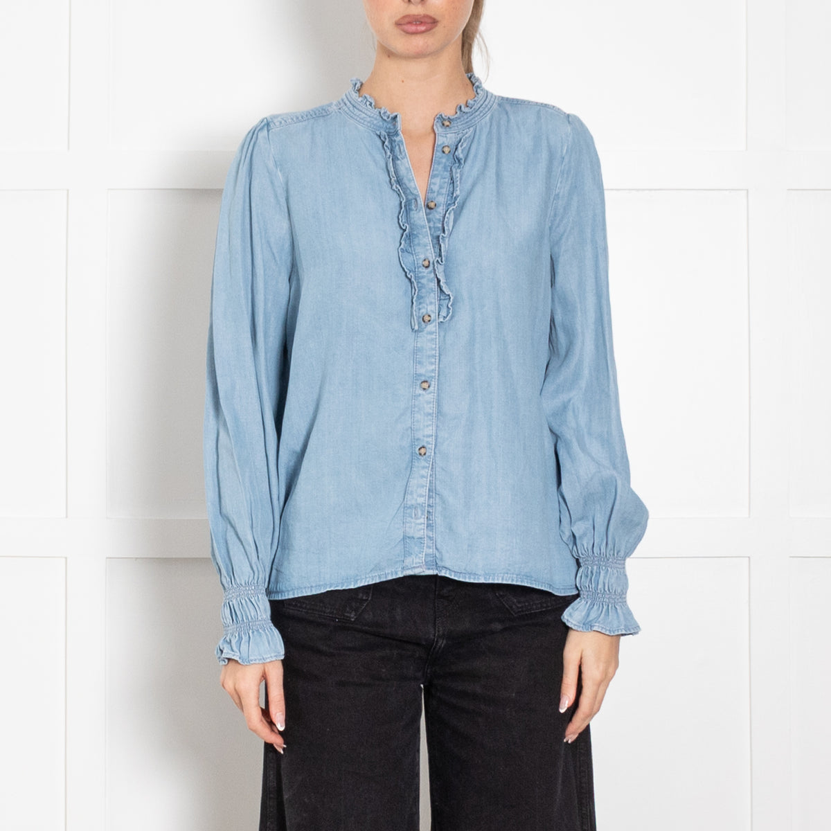 Me + Em Pale Blue Denim Ruffle Trim Blouse