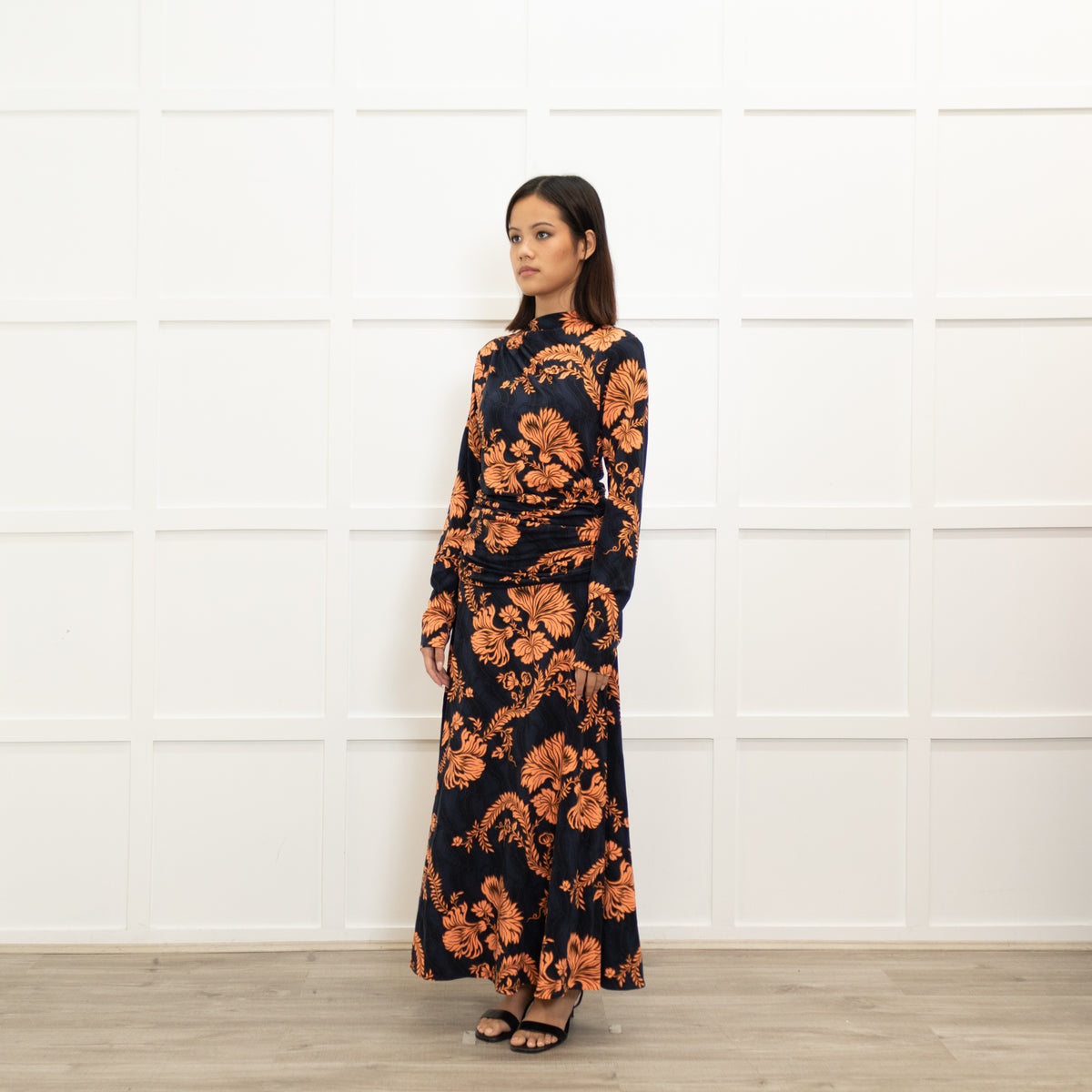 Me + Em Navy Blue Orange Floral Jersey Maxi Dress