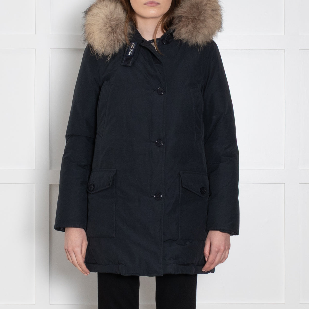 Woolrich Blue Jacket With Fur Edged Non Detachable Hood