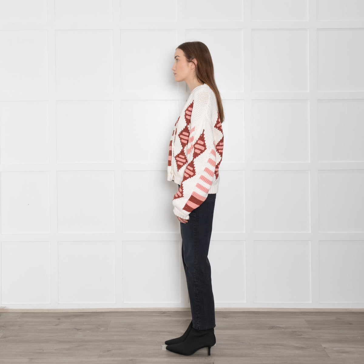 Hayley Menzies Cream and Terracotta Chunky Knit Intarsia Cardigan