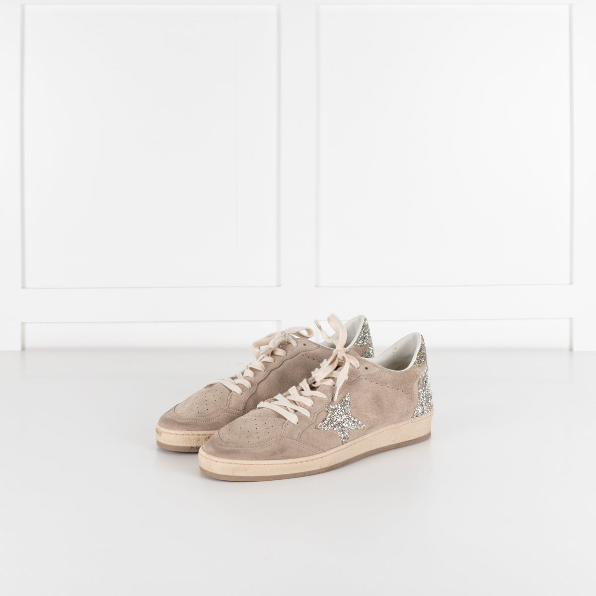 Golden Goose Beige Ball Star Glitter Suede Trainers UK 9