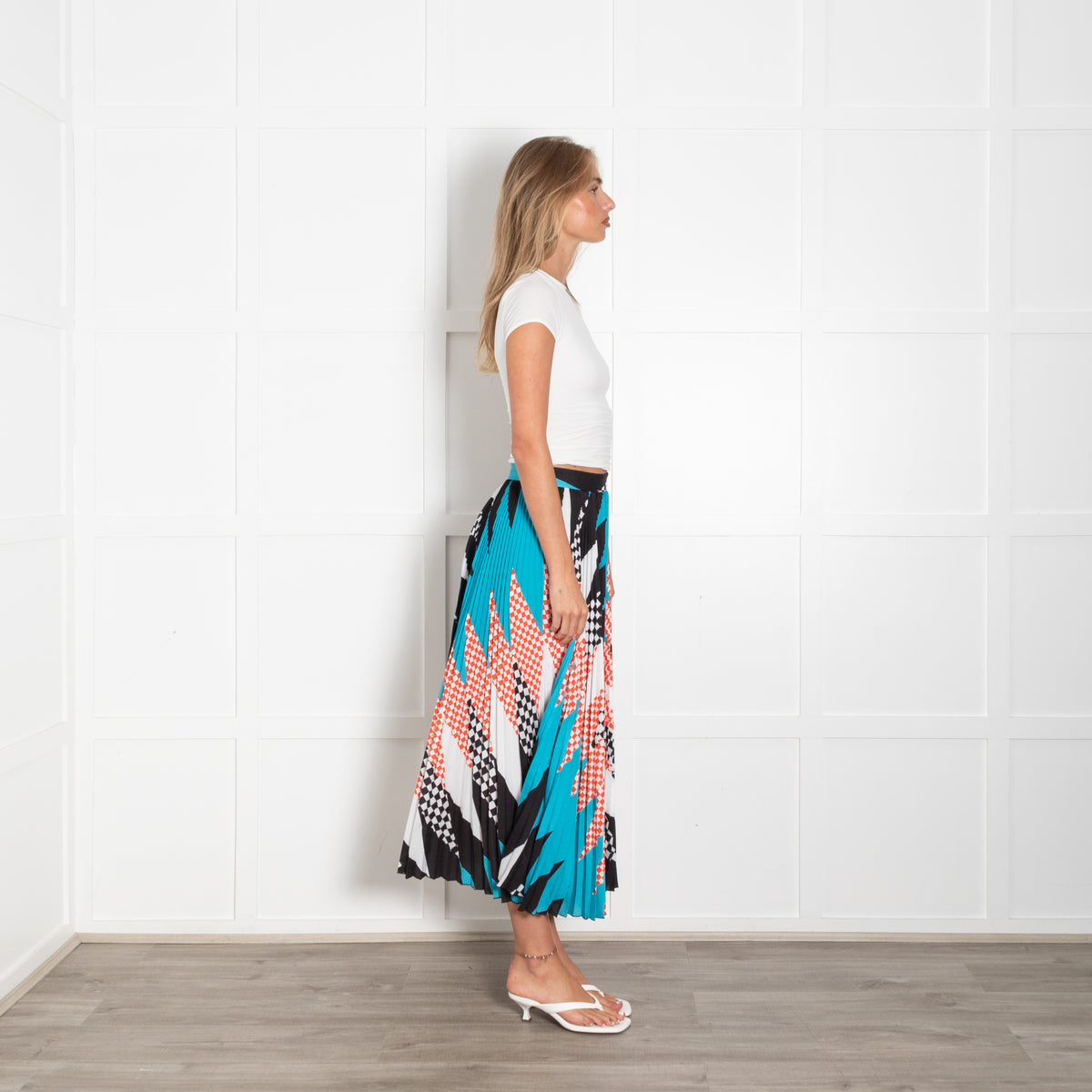 MSGM Black Turquoises Red Geometric Print Pleated Maxi Skirt