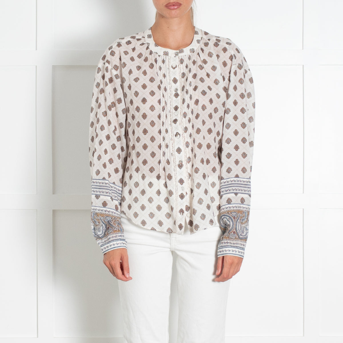 Veronica Beard Cream And Brown Print Cotton Top