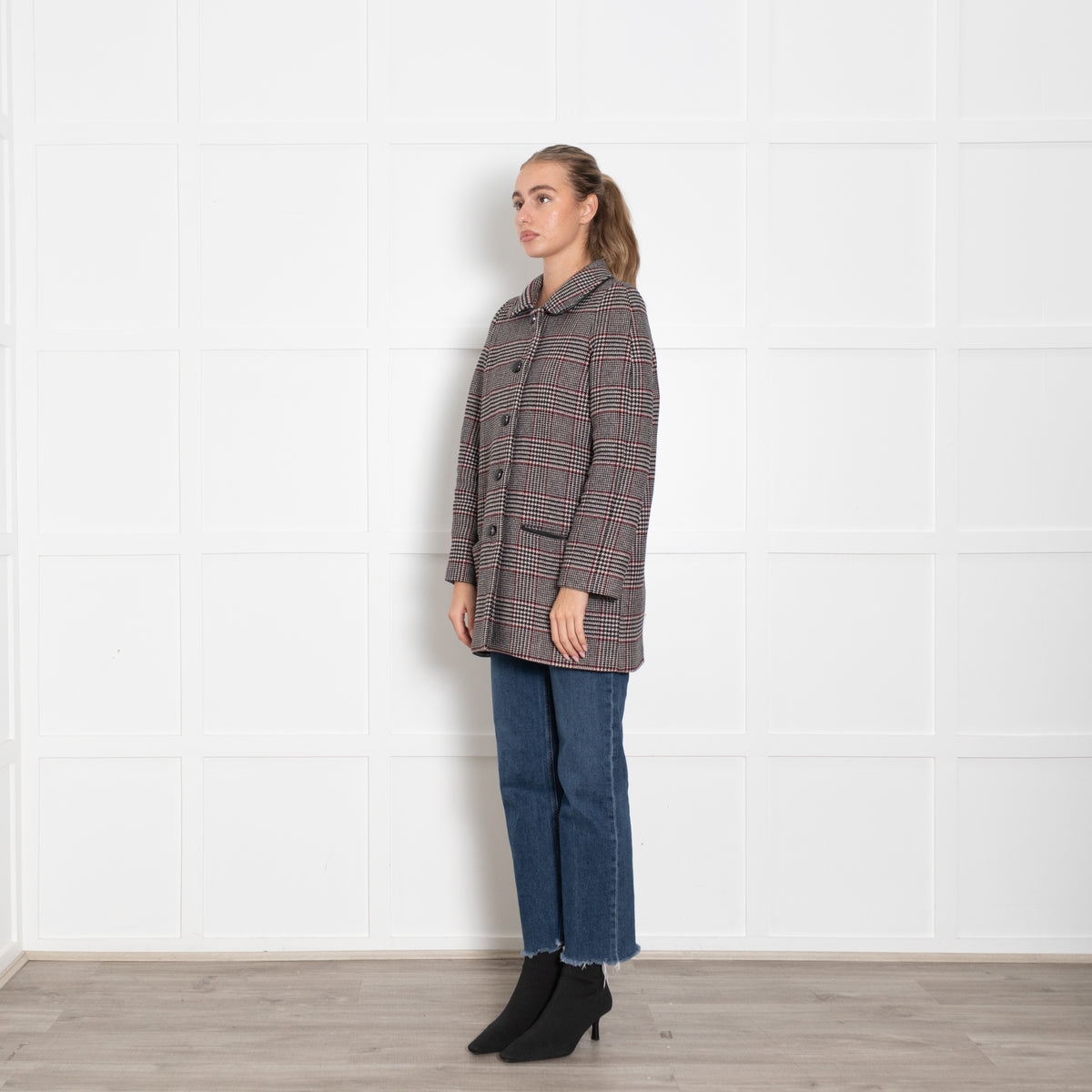 Sandro White Black Checked Short Coat