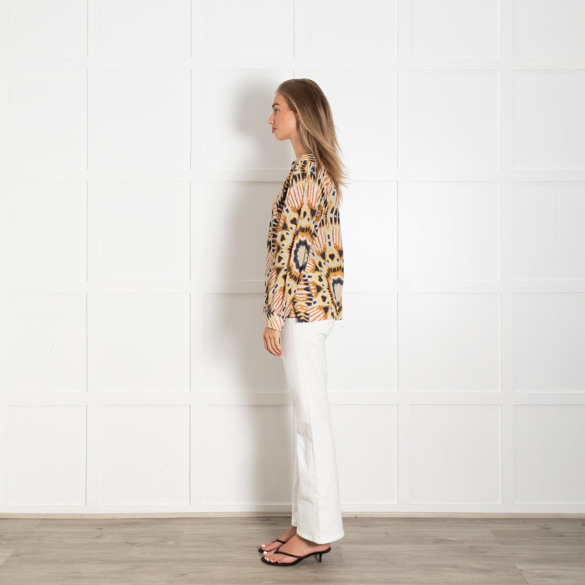 Ba&sh Mustard Tan Black Pink Patterned Long Sleeve Top