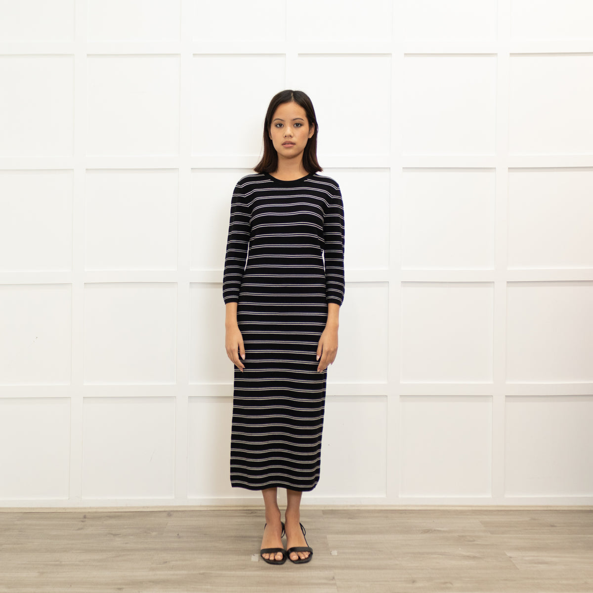 Theory Black White Striped Stretchy Midi Dress