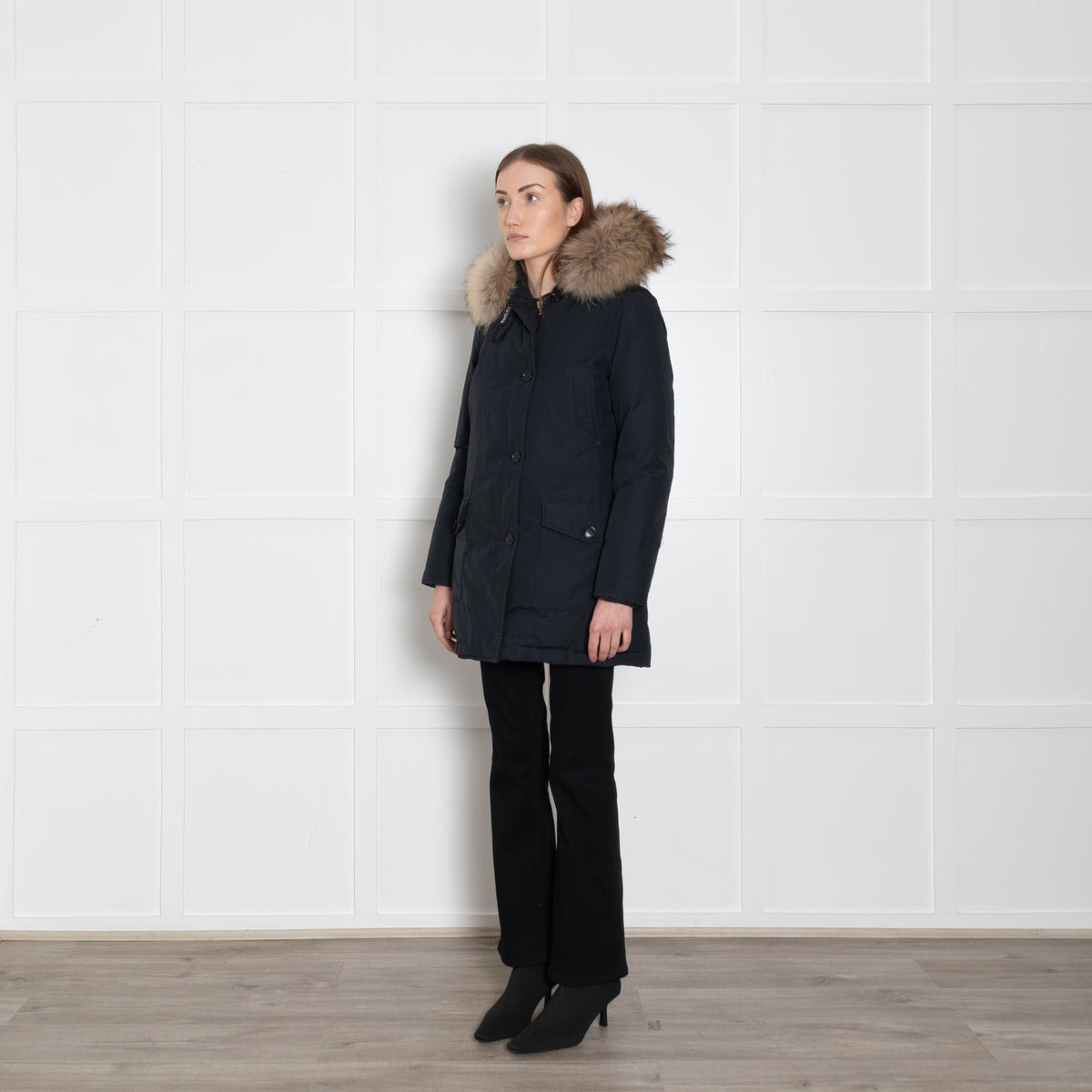 Woolrich Blue Jacket With Fur Edged Non Detachable Hood