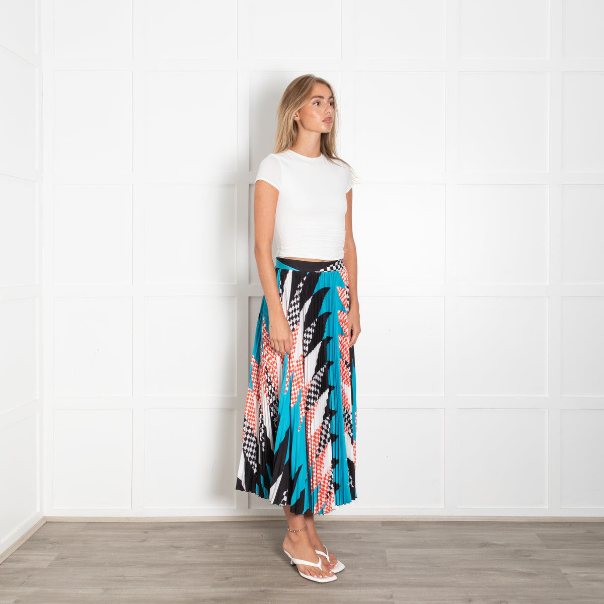MSGM Black Turquoises Red Geometric Print Pleated Maxi Skirt