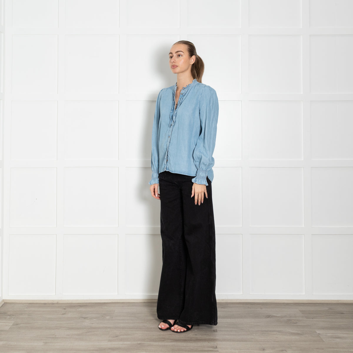 Me + Em Pale Blue Denim Ruffle Trim Blouse