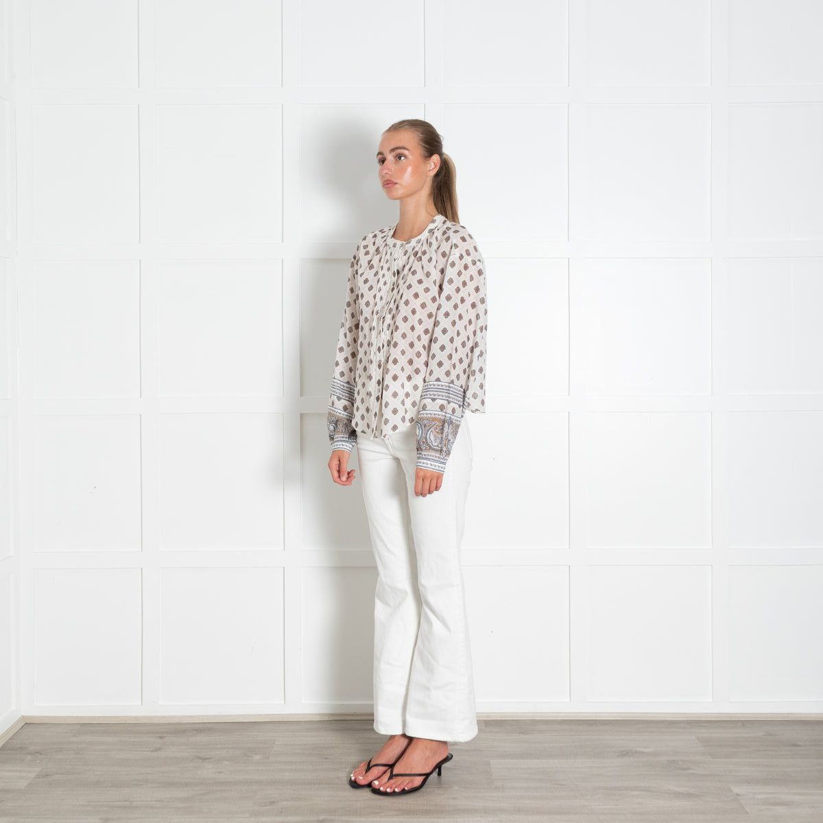 Veronica Beard Cream And Brown Print Cotton Top