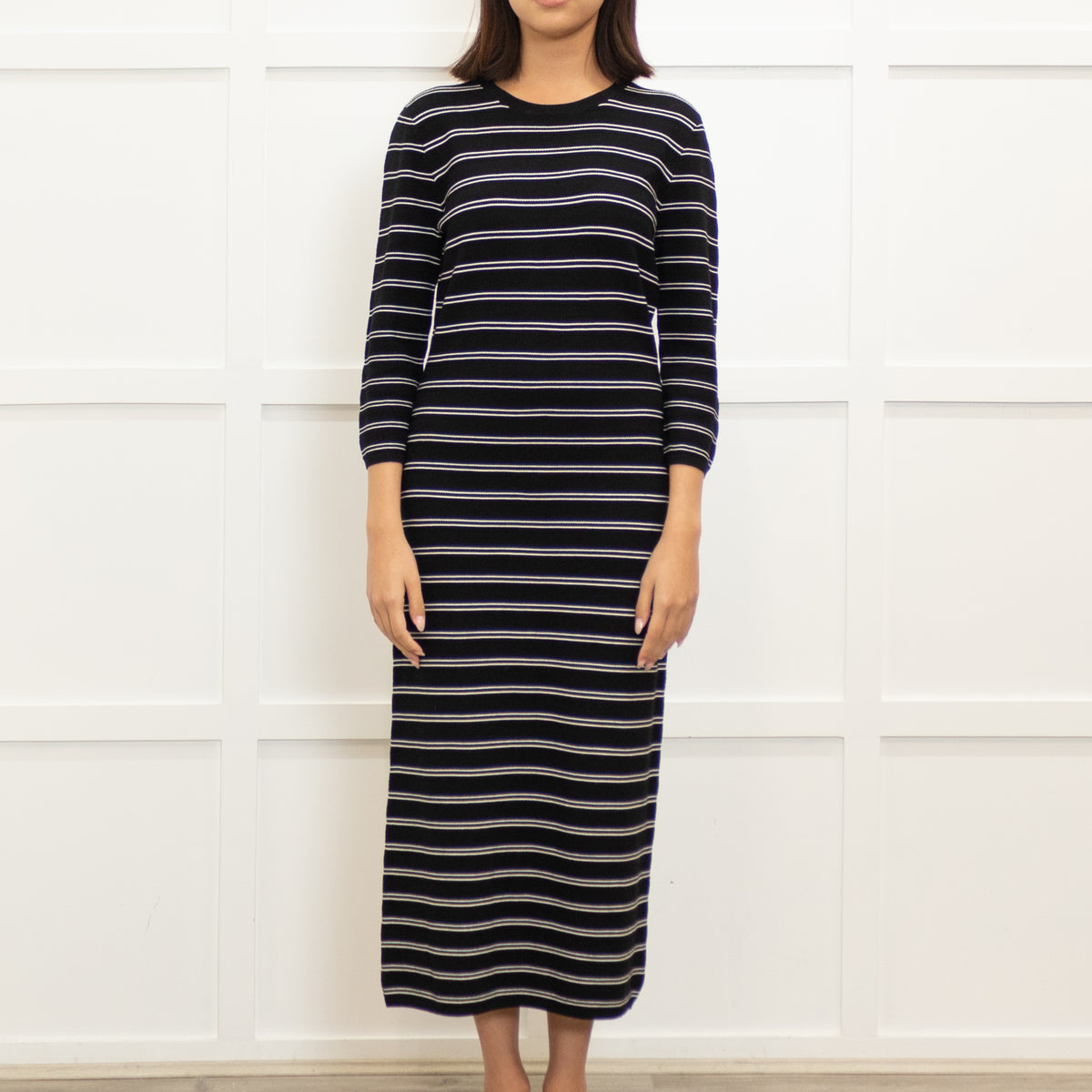 Theory Black White Striped Stretchy Midi Dress