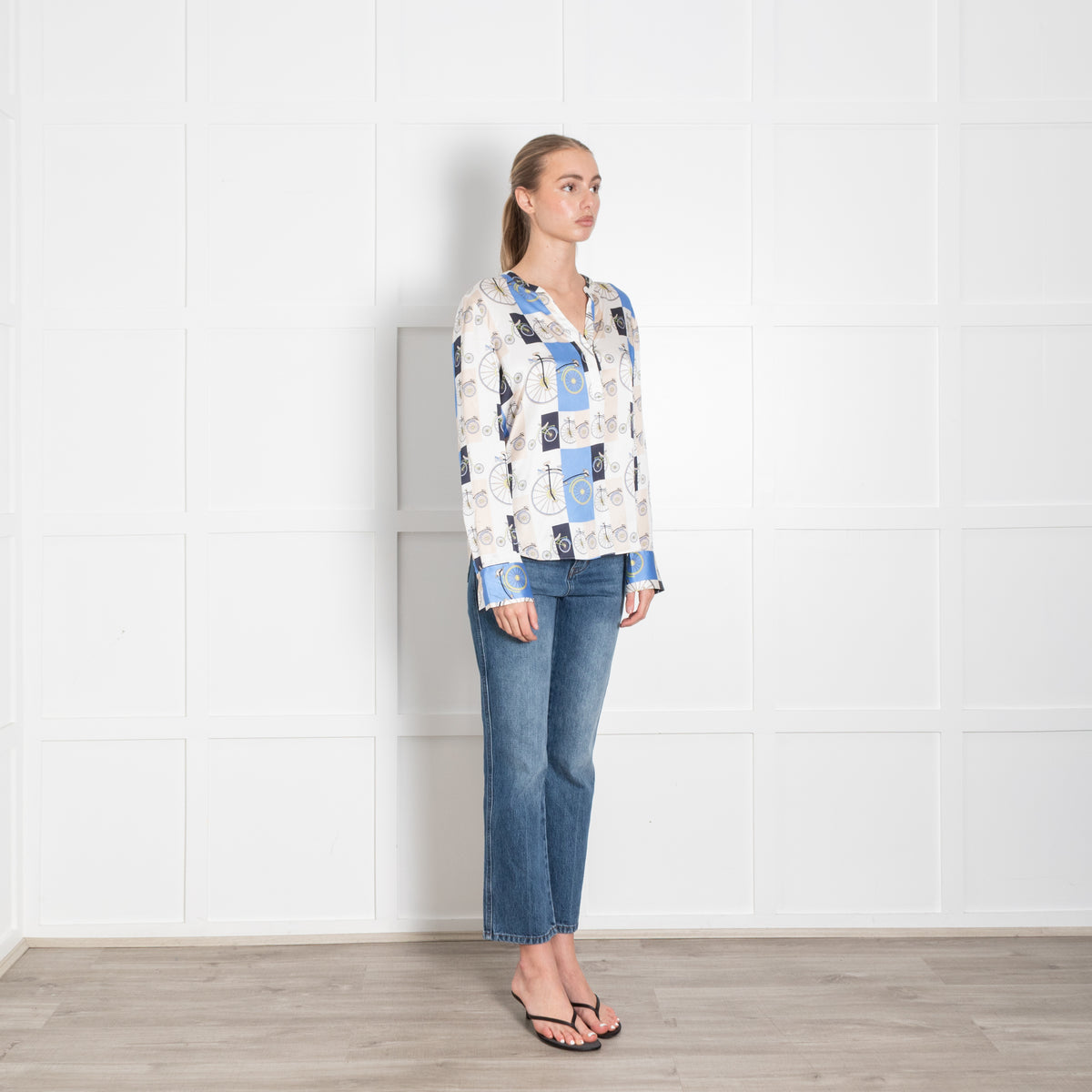 Herzen's Angelegenheit White Blue Bicycle Silk Blouse