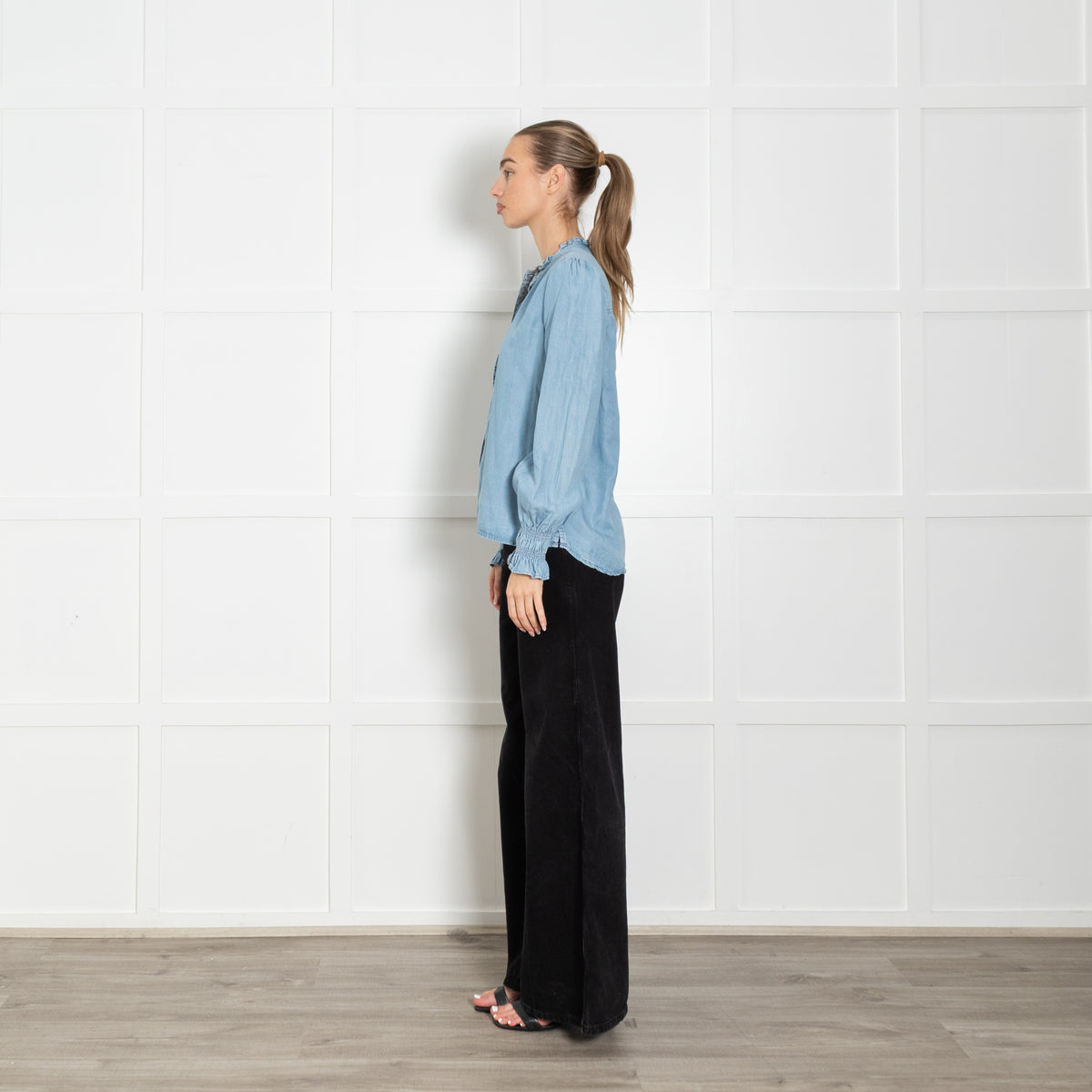 Me + Em Pale Blue Denim Ruffle Trim Blouse