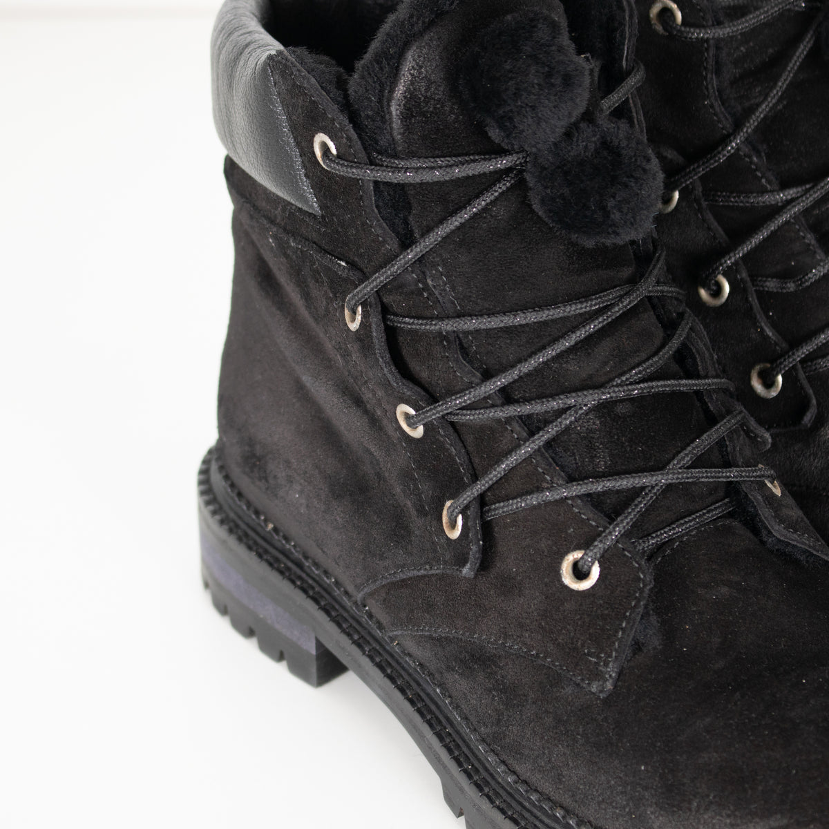 Jimmy Choo Black Suede Pom Pom Flat Boots with Shearling Lining