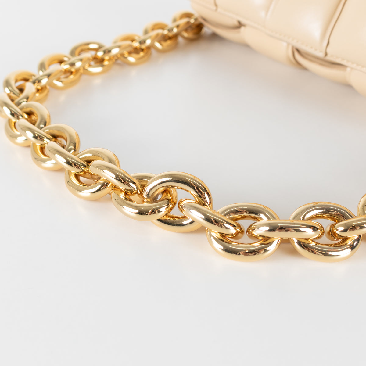 Bottega Veneta Beige Leather Padded Cassette Bag with Gold Toned Chain Link Strap