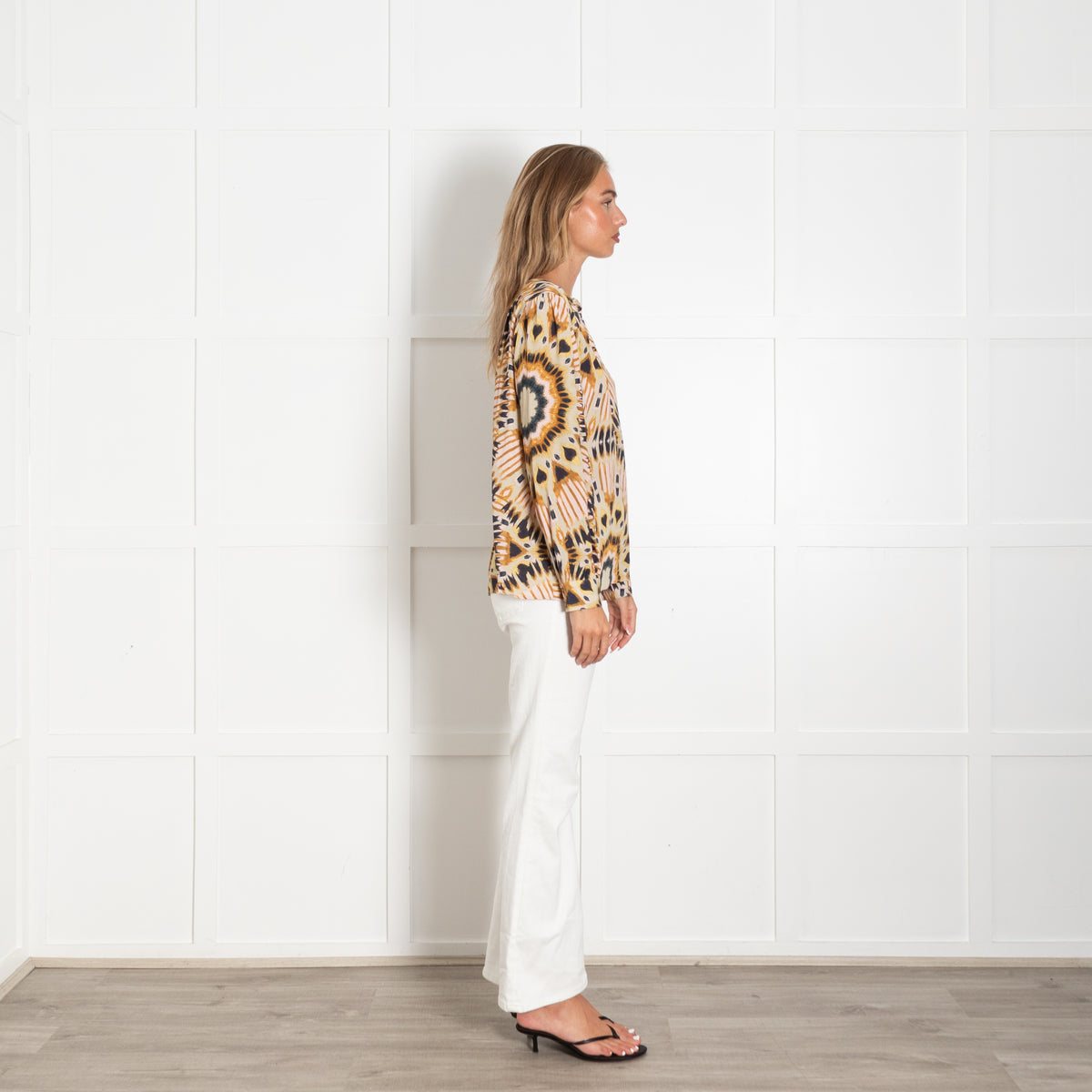 Ba&sh Mustard Tan Black Pink Patterned Long Sleeve Top