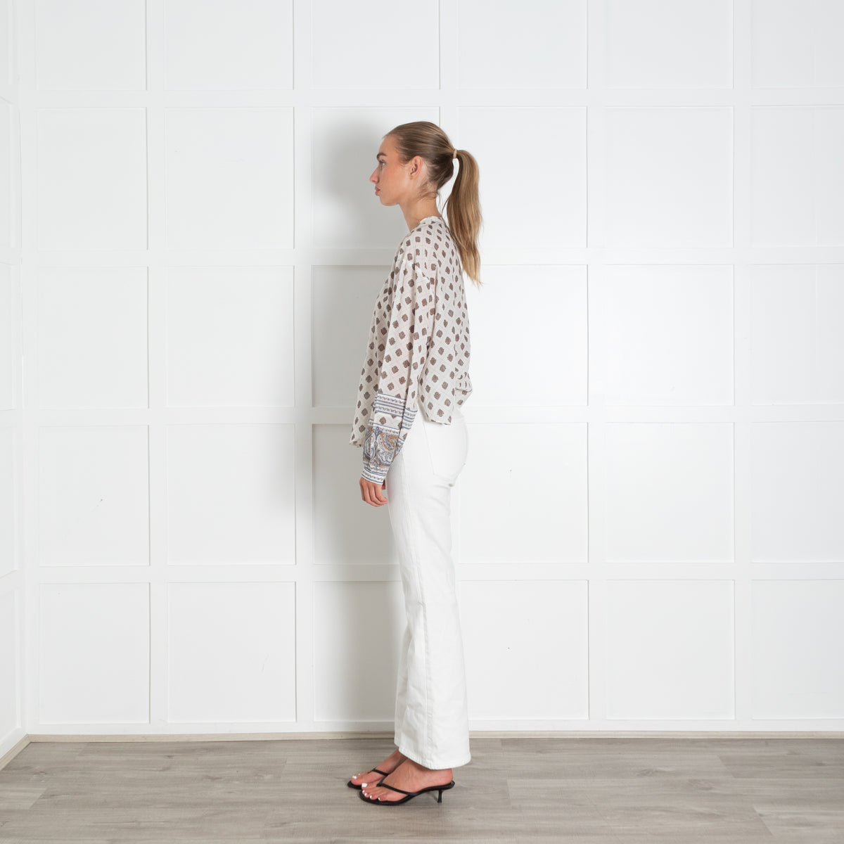 Veronica Beard Cream And Brown Print Cotton Top