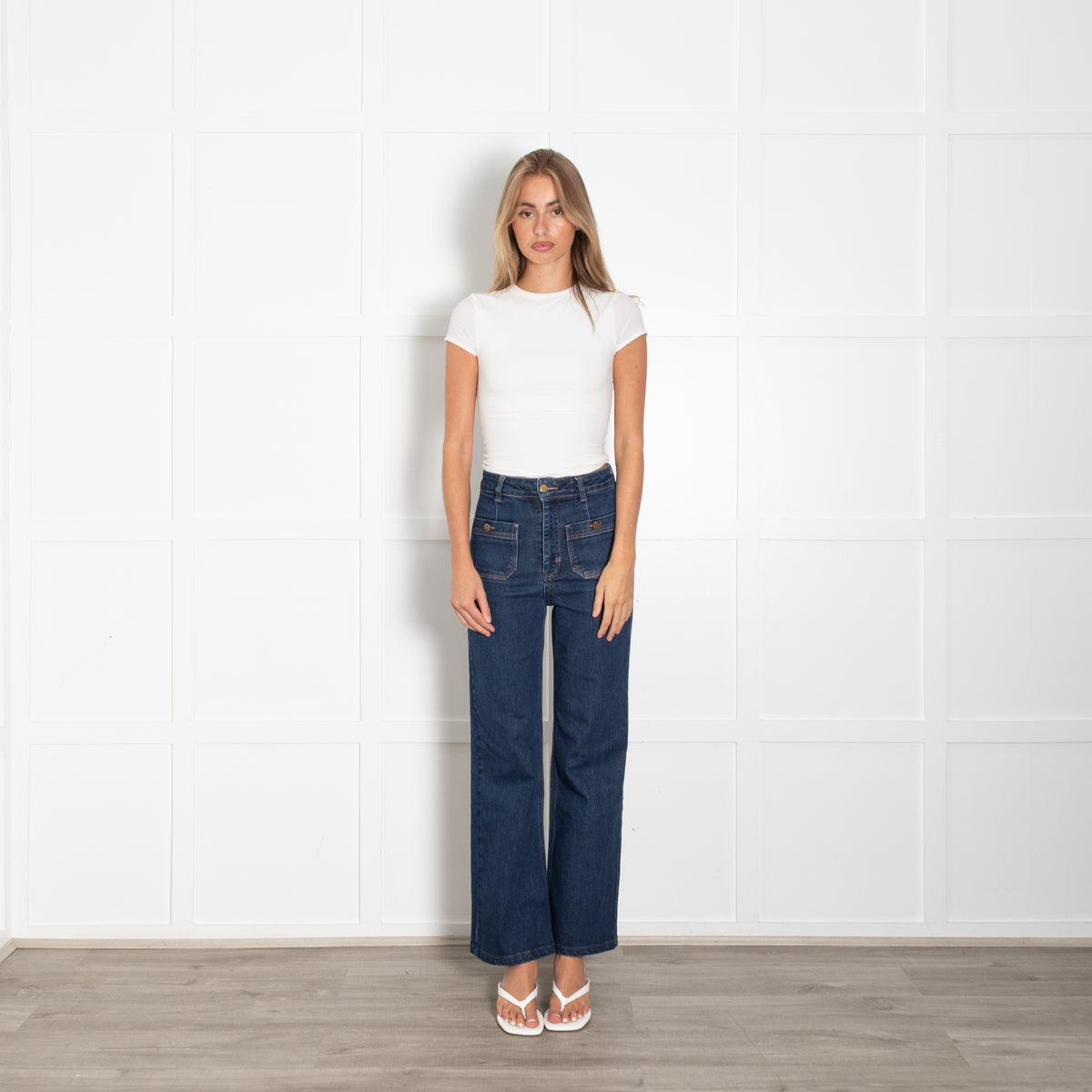 Wyse Dark Blue High Waisted Front Pocket Flared Jeans