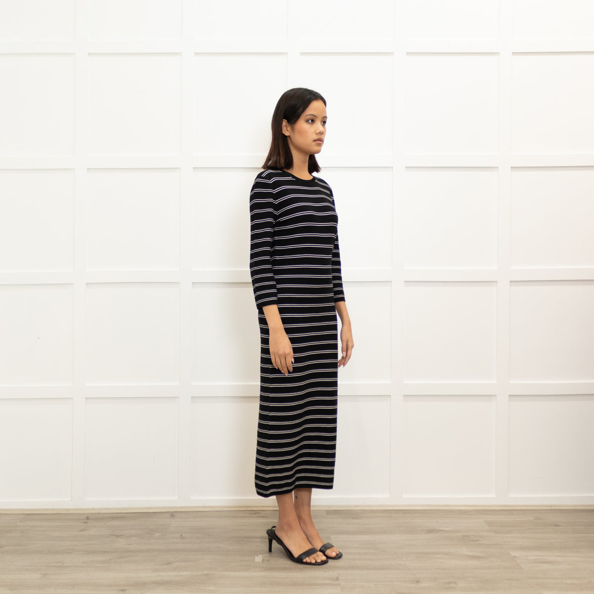 Theory Black White Striped Stretchy Midi Dress