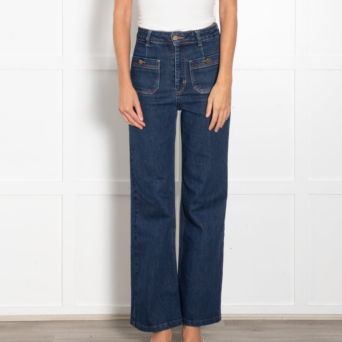 Wyse Dark Blue High Waisted Front Pocket Flared Jeans