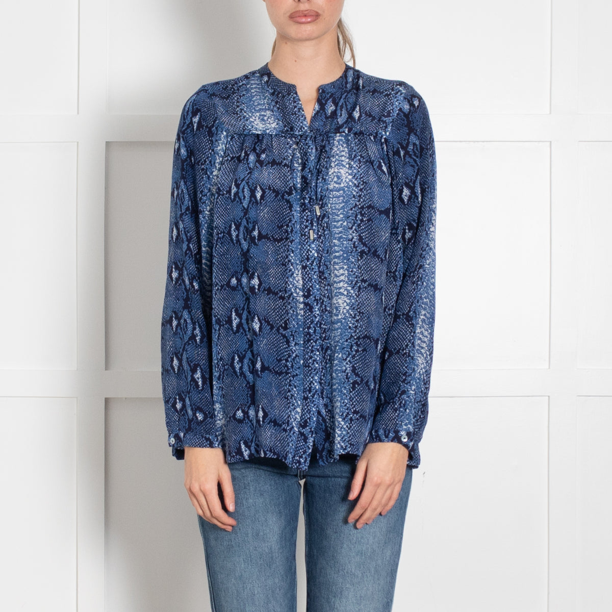Mercy Delta Blue Snake Skin Silk Long Sleeve Blouse