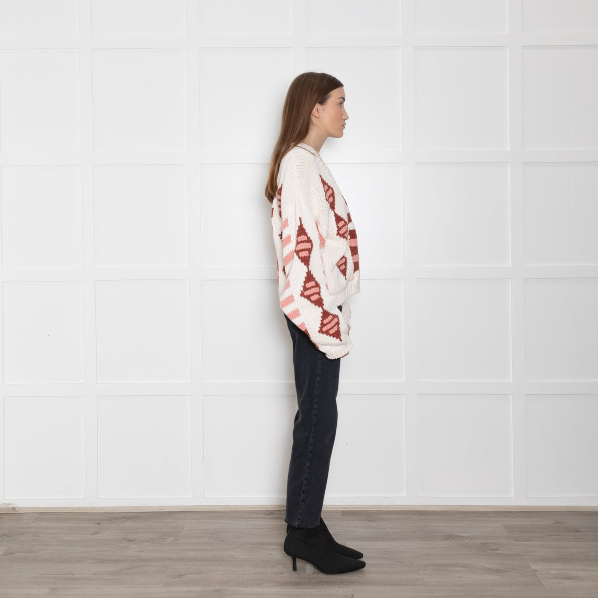 Hayley Menzies Cream and Terracotta Chunky Knit Intarsia Cardigan
