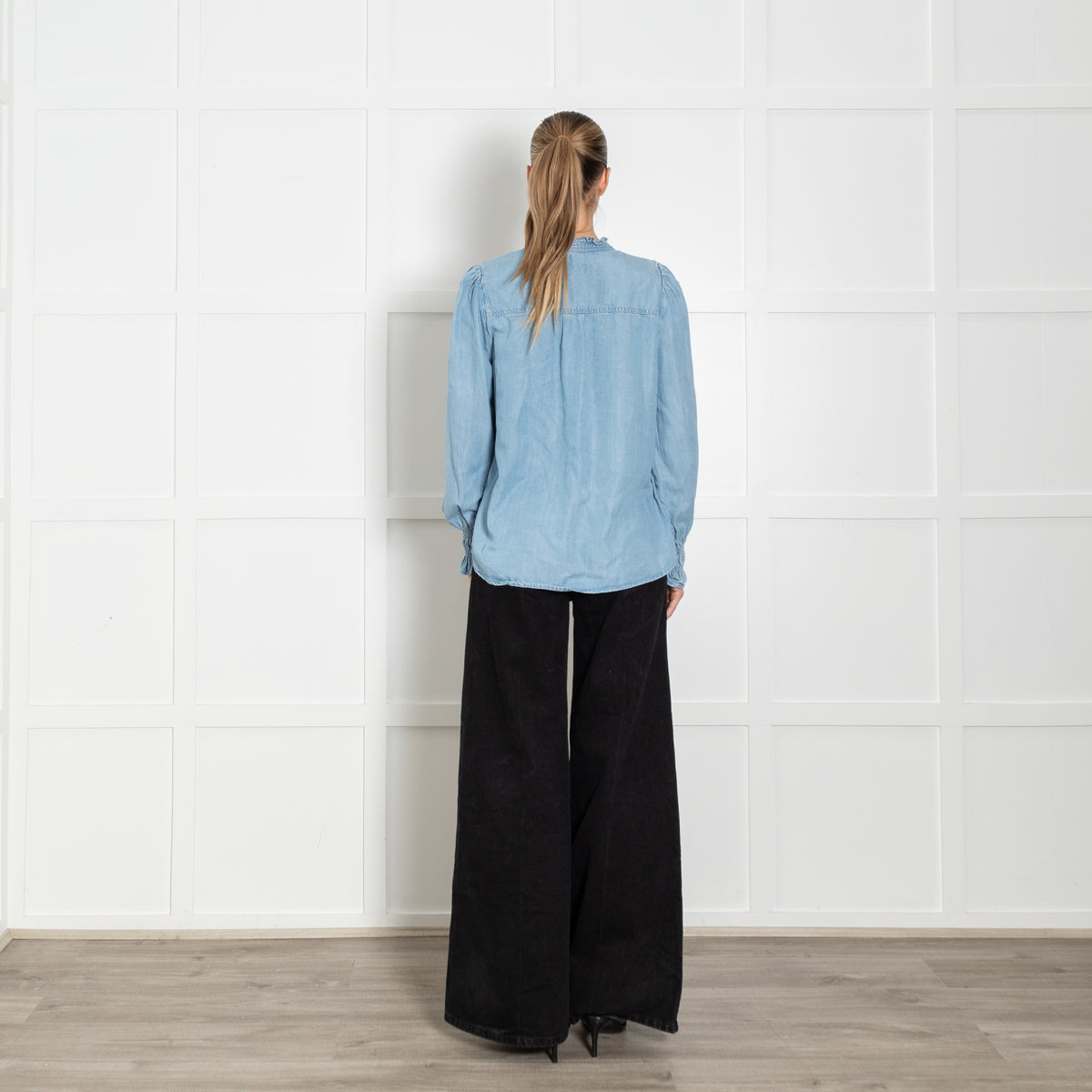 Me + Em Pale Blue Denim Ruffle Trim Blouse