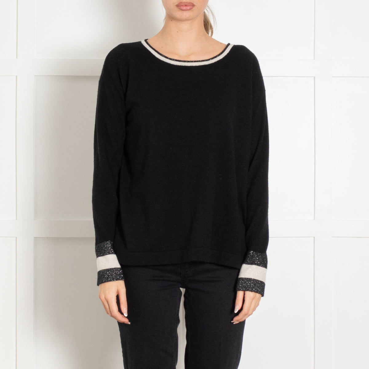 Cocoa Cashmere Black White Silver Lurex Trim Neck Cashmere Jumper