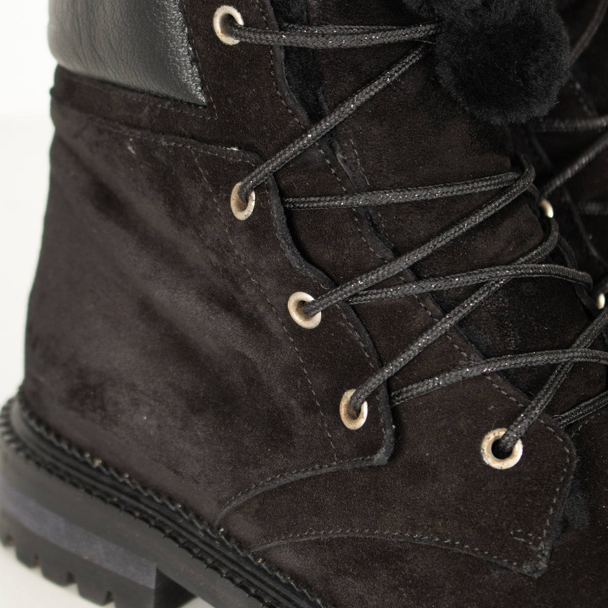 Jimmy Choo Black Suede Pom Pom Flat Boots with Shearling Lining