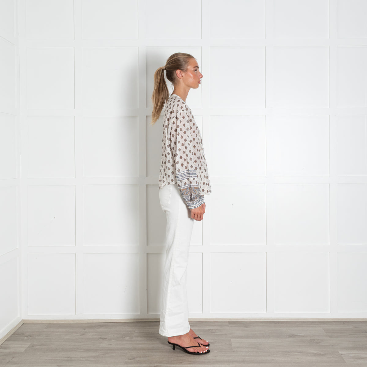 Veronica Beard Cream And Brown Print Cotton Top