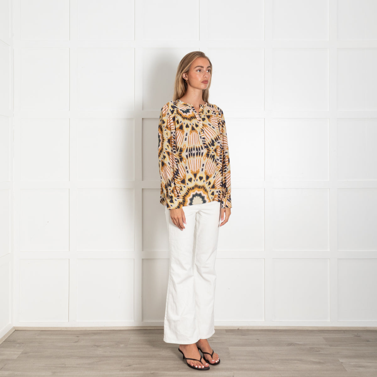 Ba&sh Mustard Tan Black Pink Patterned Long Sleeve Top