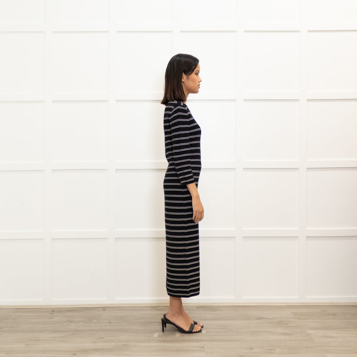 Theory Black White Striped Stretchy Midi Dress
