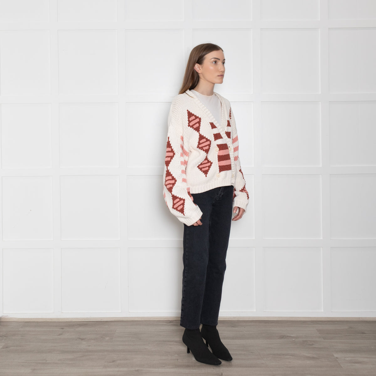 Hayley Menzies Cream and Terracotta Chunky Knit Intarsia Cardigan