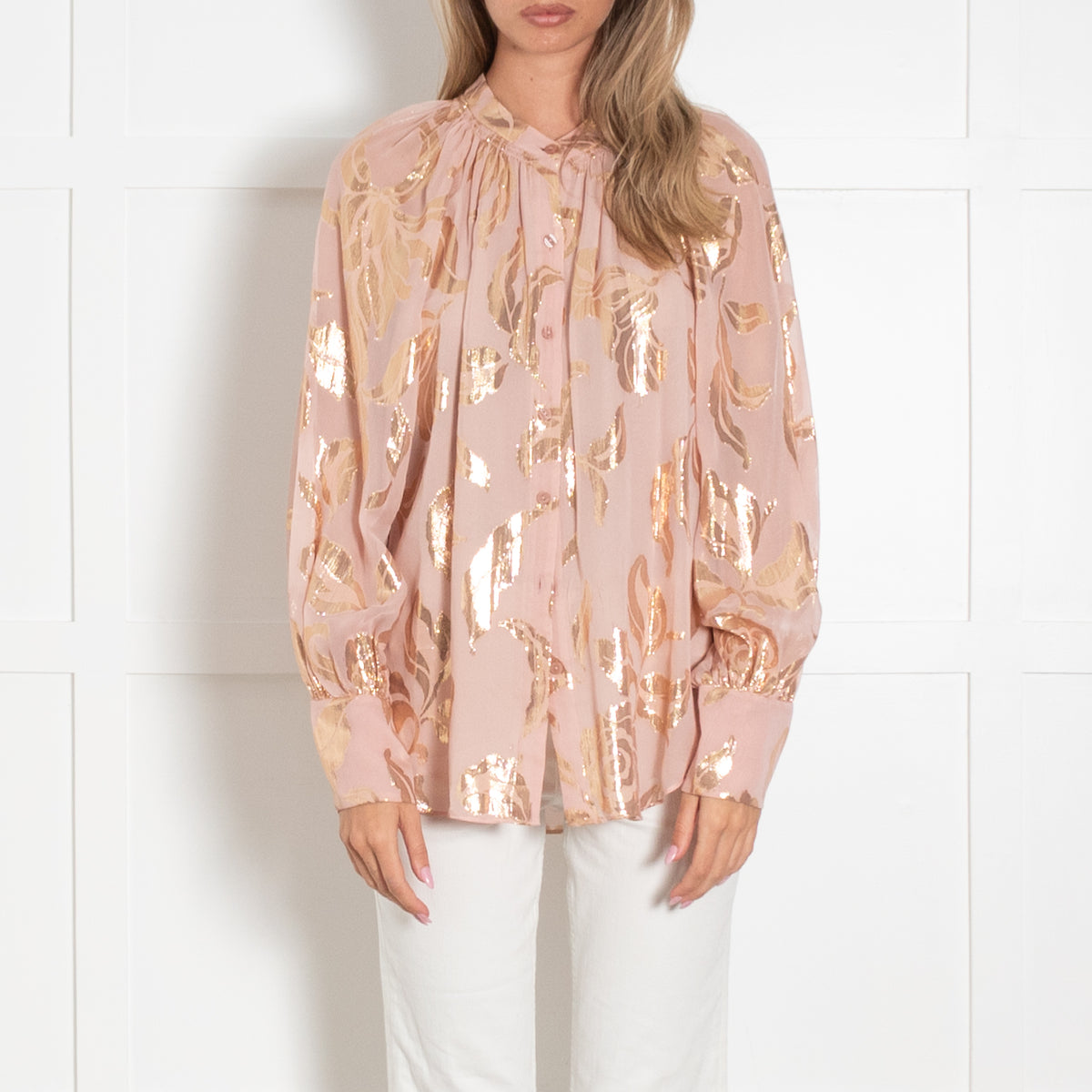 Rebecca Taylor Pink Gold Lurex Print Blouse