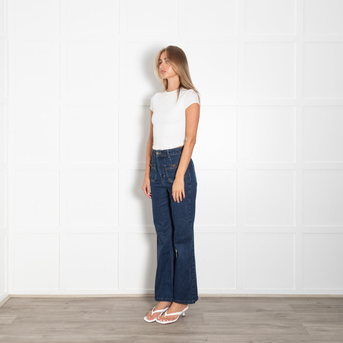 Wyse Dark Blue High Waisted Front Pocket Flared Jeans