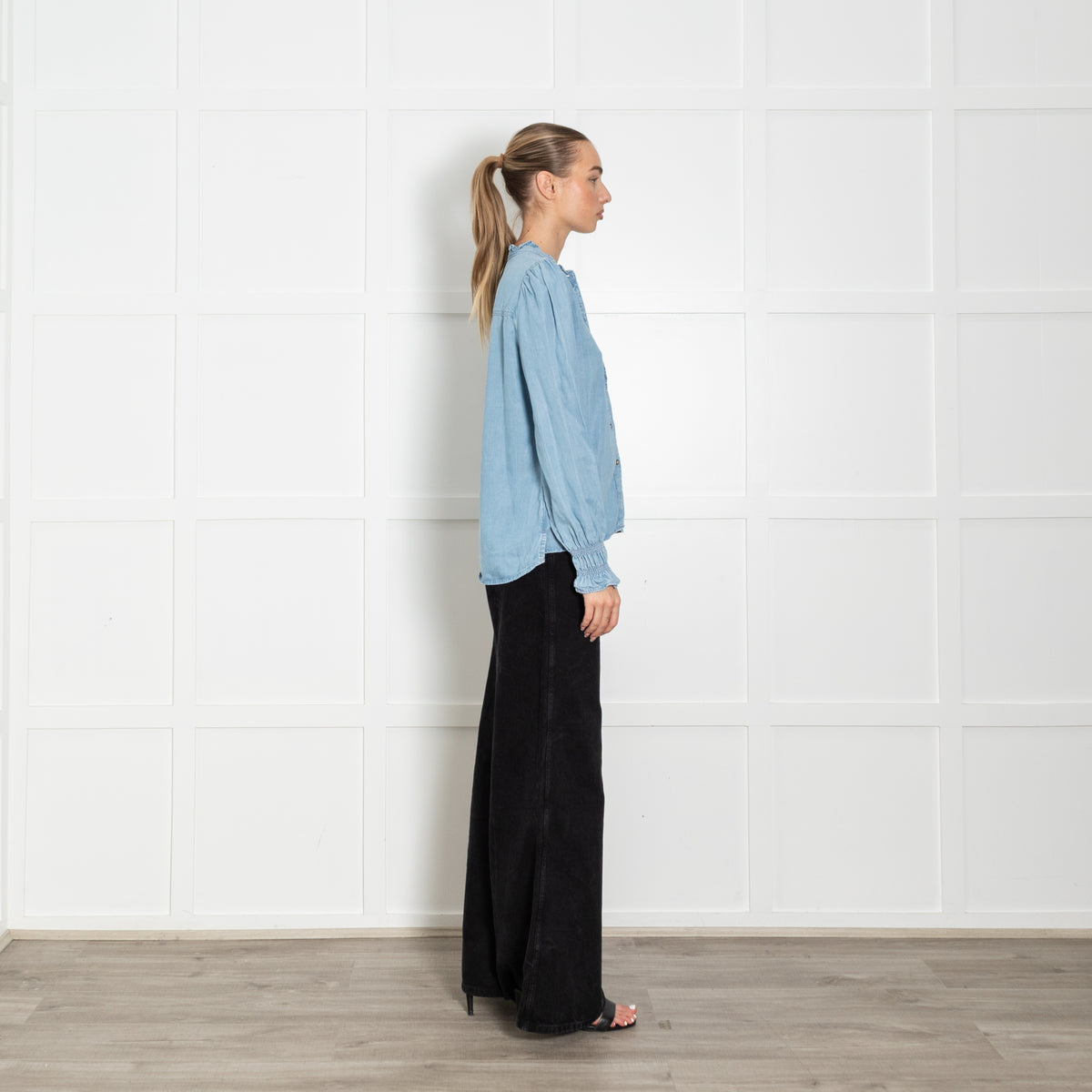 Me + Em Pale Blue Denim Ruffle Trim Blouse